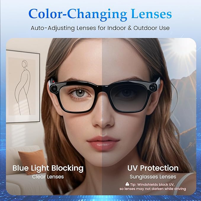 AI Smart Glasses with 8MP Camera, 1080P Video Recording & HD Photos for Men Women, Open-Ear Audio Bluetooth Glasses, Photochromic Lenses, AI Voice Assistant & Translation, Clear Calls & Music