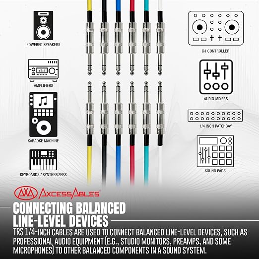 AxcessAbles 20ft 6-Pack TRS to Audio Cables - 1/4" Balanced, Multi-Color, Male-to-Male, Studio & Home Audio