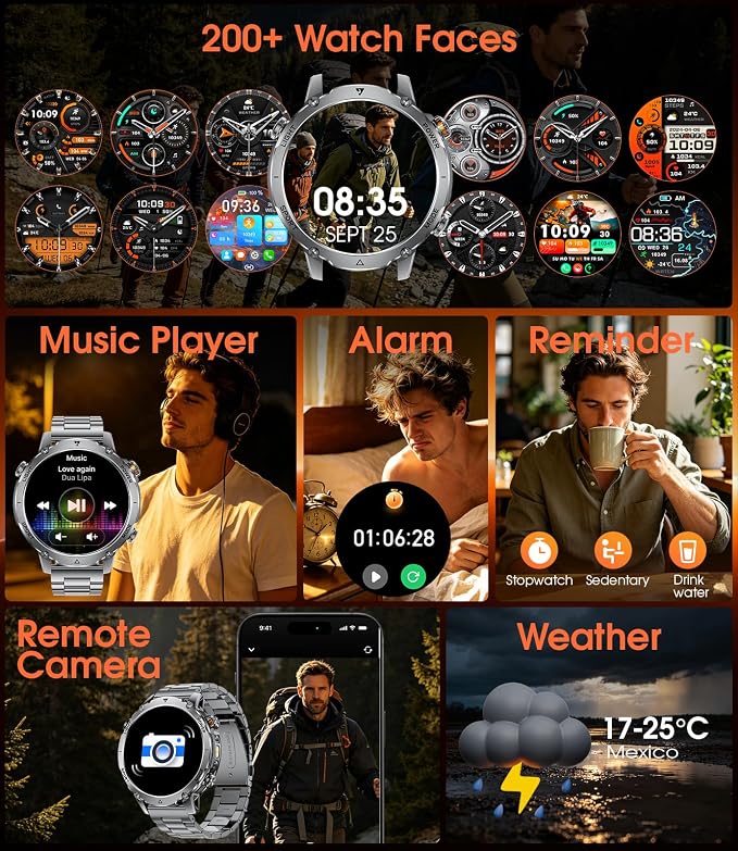 SUNKTA Military Smartwatch for Men with Flashlight,1400mAh Battery Fitness Tracker Smart Watches,1.7" HD Screen 5ATM Waterproof Sport Smart Watch for Android iPhone,Heart Rate/Sleep Monitor(2 Bands)