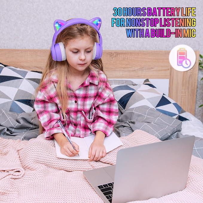 IFECCO Kids Headphones with Microphone Light Up Cat Ear Bluetooth Wireless Headset Volume-limiting for Girls Boys for School Gifts with Case