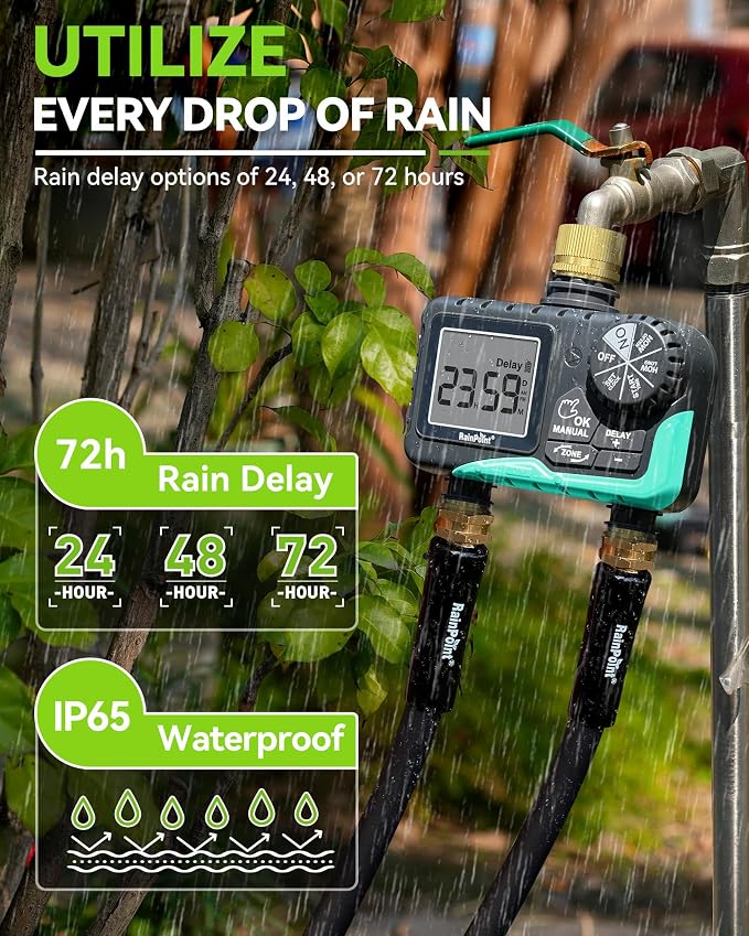 RAINPOINT 2 Zone Sprinkler Timer with Brass Inlet and Outlet - Water Timer for Garden Hose with Rain Delay/Manual Watering/Automatic Irrigation Controller for Yard(Blue Green)