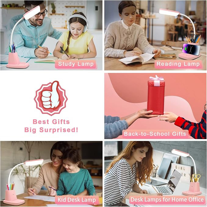 Pink Desk Lamp, Small Desk Lamp with Pen Holder, Wireless Charger LED Desk Lamps for Home Office, Kids Desk Lamps 800LM Flexible Arm 3 Modes Dimmable Touch, Study Lamps for College Dorm Room