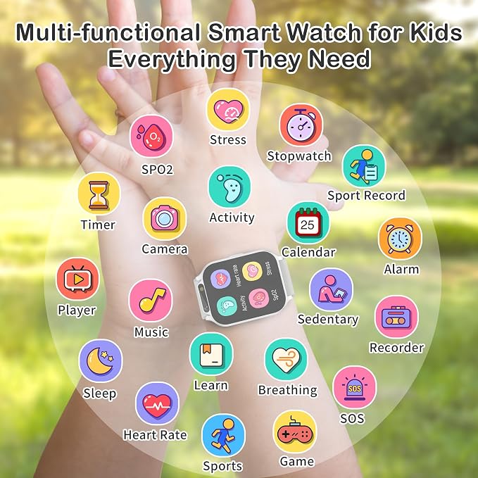 Kids Waterproof Smart Watch Boys with Fitness Tracker Sports Activity Pedometer Heartrate SpO2 Stress Monitor Flashlight APP HD Touch Screen Camera Games Music for 4-13 Years Old Boys Gifts for Kids