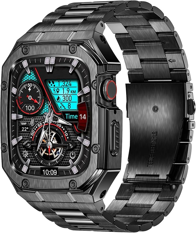 BAITEYOU Stainless Steel Watch Band with Case Compatible with Apple Watch Series SE 3 2 1/6 5 4 (44mm), Series 3 2 1 (42mm), Metal Protective Bumper Rugged Cover for iWatch Bands Men (Black)
