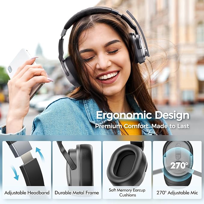 COSMUSIS Trucker Bluetooth Headset, Wireless Headsets with Noise Cancelling Microphone, 50+Hrs HD Talktime Bluetooth Headphones with Detachable Earpad/Single+Dual Mode for Office/Driving/Home (Silver)