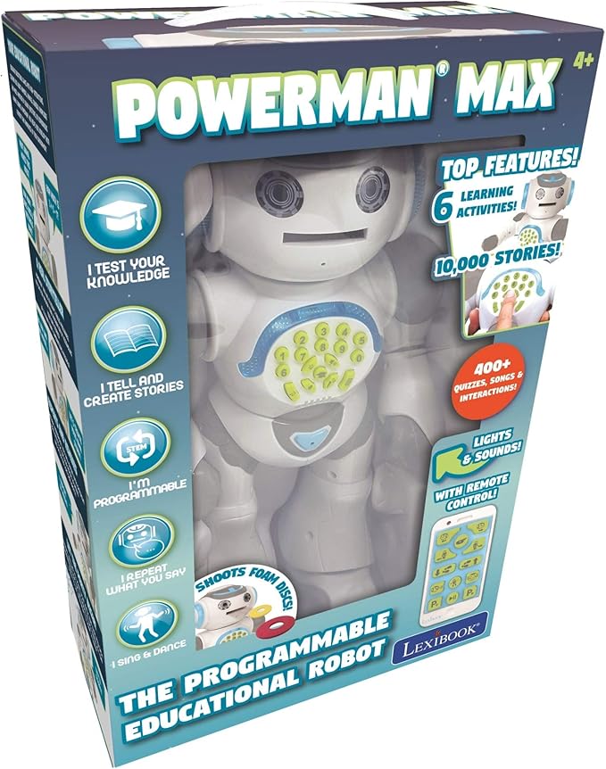 LEXiBOOK Powerman Max, Remote Control Walking Talking Toy Robot STEM Programmable, Dances, Sings, Tells 10,000 Stories, 300+ Learning Quiz, Shooting Discs and Voice Repeat for Kids 4+ ROB80US