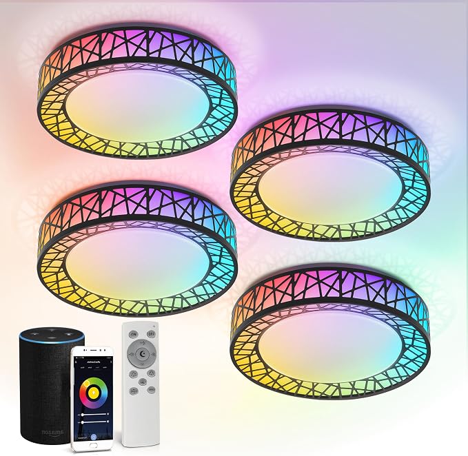 ASD 12 Inch Smart RGBW Flush Mount Ceiling Light with Remote - Matte Black 20W 120V 2700-6500K Dimmable Ceiling Light Fixture, WiFi App Control RGB Lights, Alexa & Google Assistant - ETL, 4 Pack
