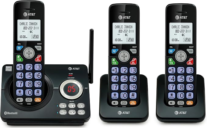 AT&T DECT 6.0 Cordless Phone, 3-Handset – Smart Call Blocker, Bluetooth Connect to Cell, Caller ID Announce, Answering Machine | DL72379