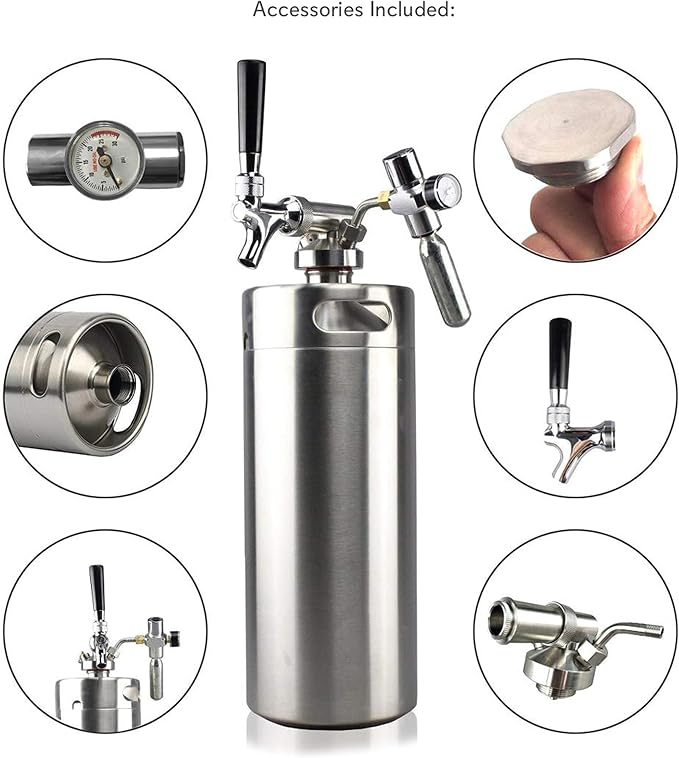 NutriChef Pressurized Growler Tap System - 128oz Stainless Steel Homebrew Mini Keg Dispenser Portable Kegerator Kit - Co2 Pressure Regulator Keeps Carbonation for Craft Beer, Draft -