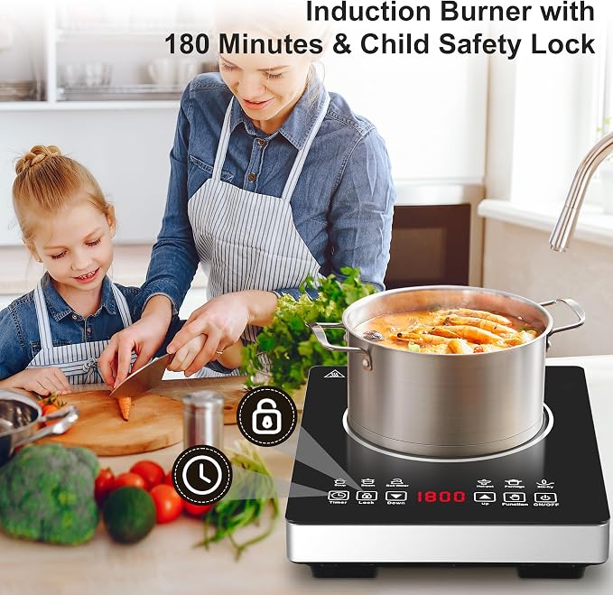 Single Burner Induction Cooktop,Hot Plate with 6 Cooking Modes, portable cooktop with LCD touch control,9 Levels &3H Timer,1800W 110V Portable induction Cooktop