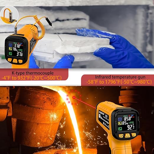 Infrared Thermometer Temperature Gun, 50:1 Dual-Mode Temp Gun -58°F to 1796°F with K-Type Thermocouple for Internal Readings, for Kilns, Industrial, and HVAC Applications