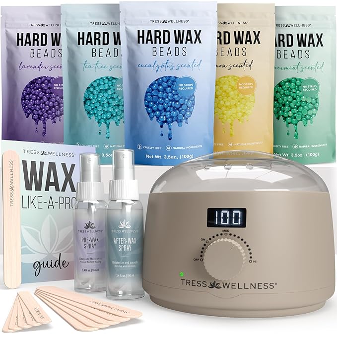 Tress Wellness Award Winning Waxing Kit for Sensitive Skin – Safe for Face & Skin, Easy to Use – At-Home Kit for Face, Bikini, Brazilian & Full Body - Digital Display, Beige