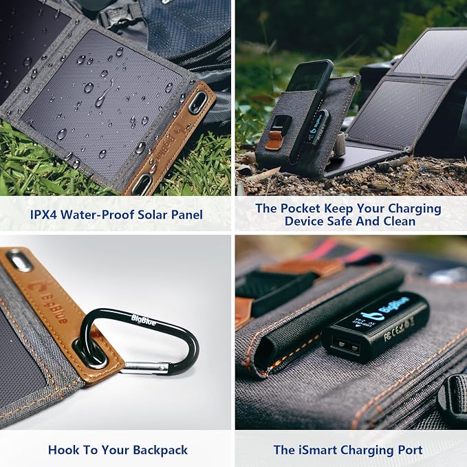 [Upgraded Tiny Solar Charger] BigBlue 14W Solar Panels with USB-A Port(5V/2.4A Max), IPX4 Waterproof, Portable Solar Phone Charger for Hiking, Compatible with iPhone X/8/7, Tablet, Samsung LG etc