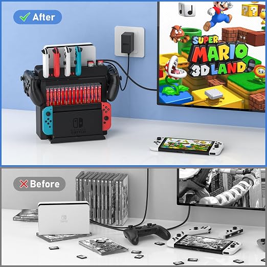 Switch Game Storage with Controller Charger for Nintendo Switch & OLED Model, Switch Charging Dock Charges 6 Joycons, Switch Gaming Accessories Holder for Desk, Switch Game Gift Card Organizer (Black)