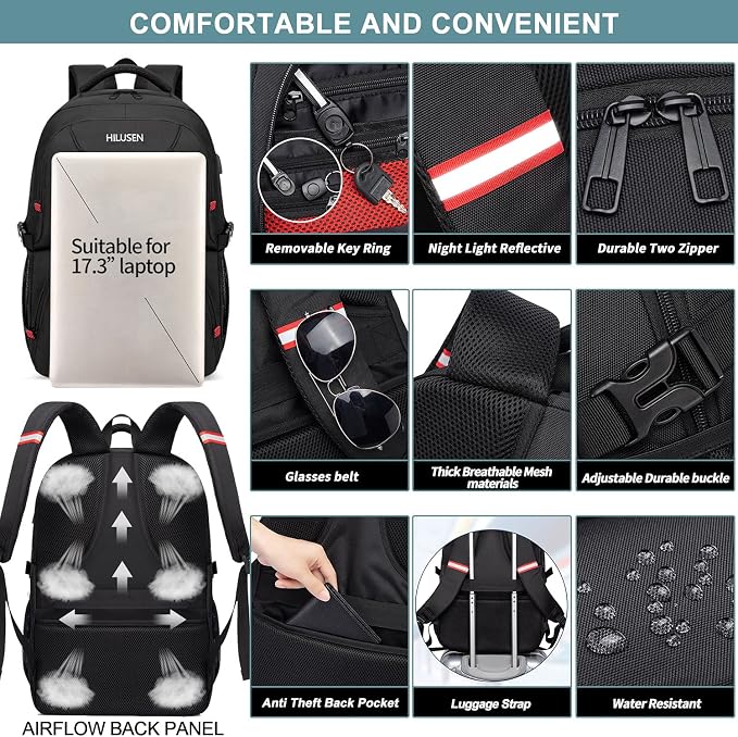 HILUSEN Extra Large Backpack for Men 50L, Insulated Cooler Lunch Box Backpack, Water Resistant 17inch Travel Laptop Work Bookbag with USB Charging Port,Black