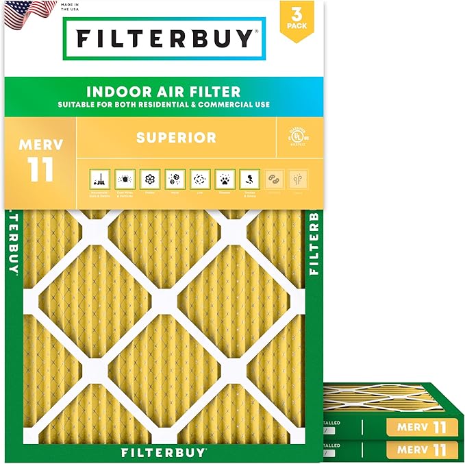 Filterbuy 20x24x1 Air Filter MERV 11 Superior Pet & Allergy Defense (3-Pack), Electrostatic Pleated HVAC AC Furnace Filters Replacement, Made in USA (Actual Size: 19.38 x 23.38 x 0.75)
