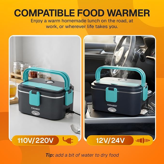 FORABEST Heated Lunch Box - 80W Electric Lunch Box for Adults - Portable Food Warmer - 1.8L Stainless Steel Containers, Carry Bag & Leakproof Lid - 12V/24V Car/Truck & 110/220V Home/Office - Navy Blue