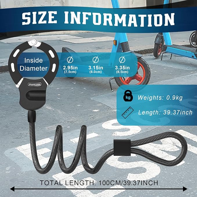 Electric Scooter Lock, Anti-Theft Cable Lock with Key, 39.37inch for E-Scooter, Electric Bike, Bicycle, Motorbikes