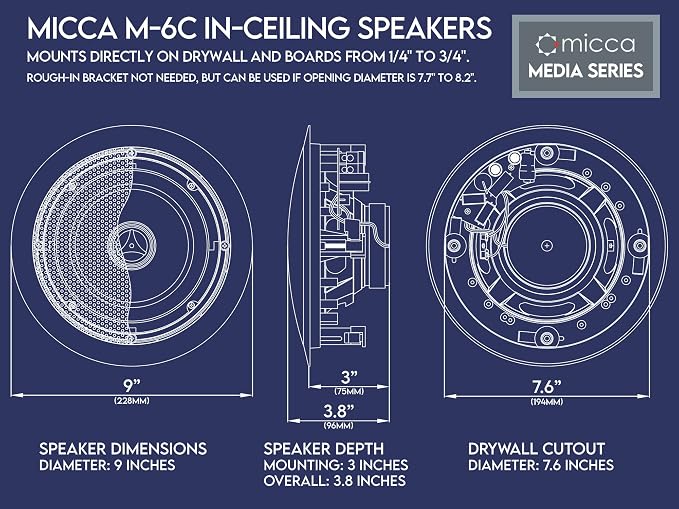Micca M-6C 2-Way in-Ceiling Round Speaker, 7.6" Cutout Diameter, Whole House Audio, Home Theater, Indoor or Covered Outdoor, 6.5" Woofer, 1" Tweeter, White, Paintable, Each