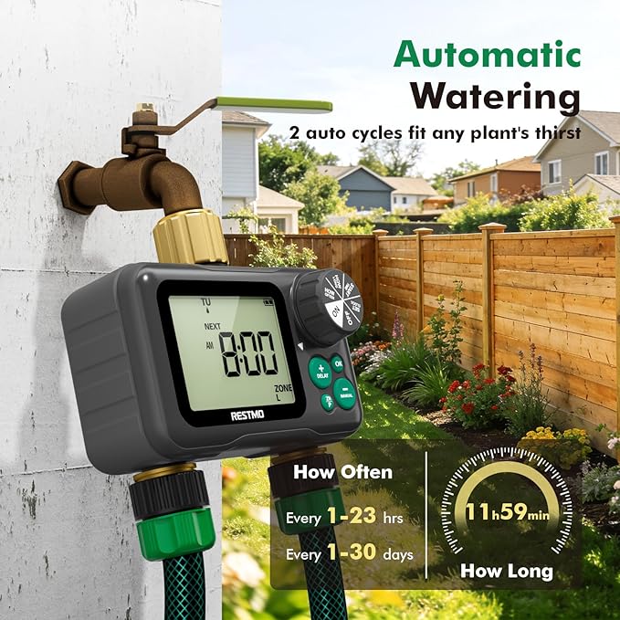 RESTMO Remote Control Brass Sprinkler Timer for Outdoor Hose Faucet 2 Zone, Max 11h59m Water Timer for Long Watering Soaker Hose, Misting with Large Dial, Rain Delay/Manual/Auto for Drip Irrigation