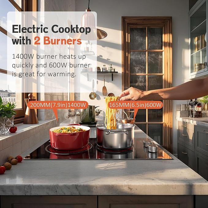 2 Burner Electric Cooktop 110V with Plug Karienvir, 2000W Electric Stove Knob & Touch Control, 12 Inch Stove Top Bunrer, 9 Power Levels, Safety Lock, Timer, Pause Function