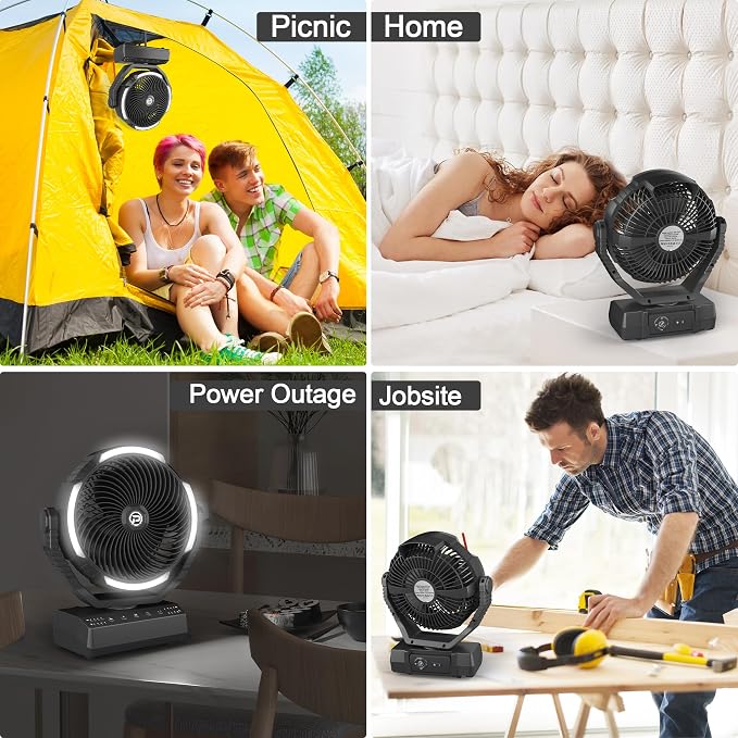 PANERGY Camping Fan with Light - 20000mAh Rechargeable Battery Fan with Charger, 70Hrs Cooling Time, 4 Speeds, 110° Auto Oscillation & 270° Pivot Design with Hook for Camping/Power Outage/Hurricane