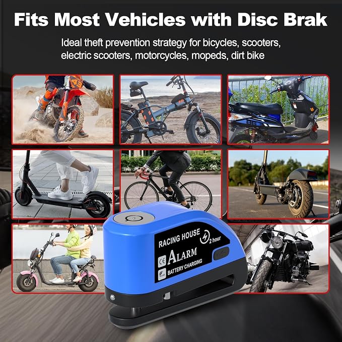 JAGASOL Motorcycle Lock Rechargeable, Alarm Disc Brake Lock with Reminder Cable, 110 dB Alarm Sound, Anti-Theft Waterproof, 2 H Fast-Charging, 9 Months Standby, 7 mm Lock Pin Universal for Bikes