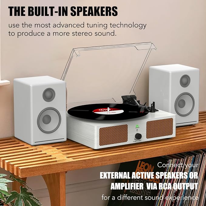 Vinyl Record Player with Built-in Speakers and USB,Belt-Driven Bluetooth Turntable with 3 Speed AUX Input Headphone Jack and RCA Output Vintage Wooden White