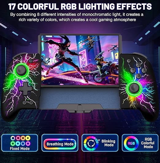 Gammeefy Switch Controller – Hall Effect Joysticks & Enhanced Grip – One Piece Switch Joypad Replacement Switch Pro Controller with 8-Color RGB Lighting, Turbo, Macros - Lightning Pattern, 6.2"/7"