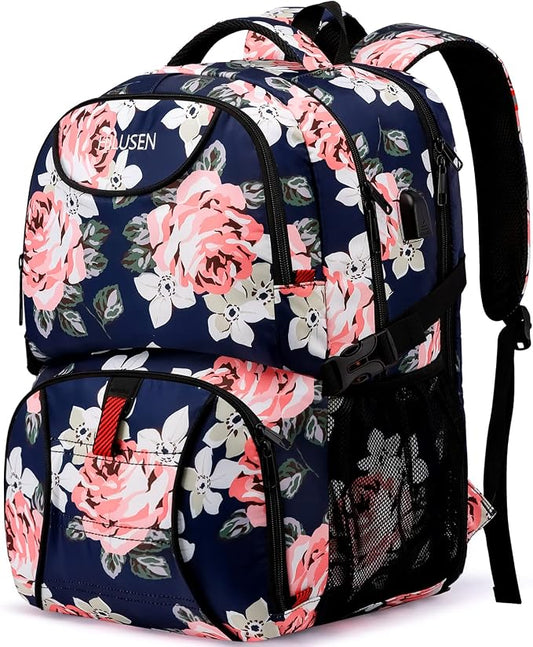 HILUSEN Lunch Cooler Backpack for Women, Extra Large 17 inch Travel Laptop Backpack with USB Charging Port, Water Resistant