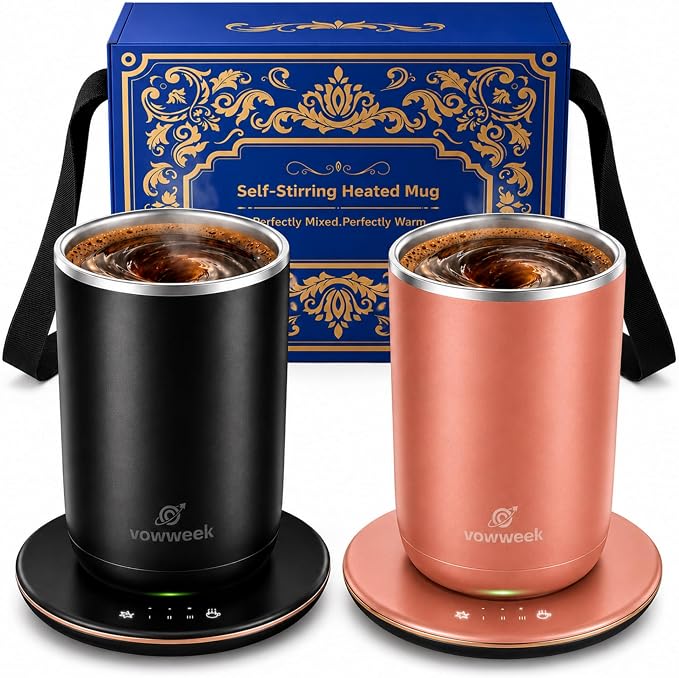 Self Heated Stirring Mugs Set of 2, 10oz Coffee Cups Warmer, Black & Rose | 304 stainless steel interior. Includes 3 heat settings, 8H auto shut-off, plug-in base for home office desk
