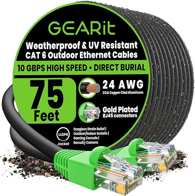 GEARit Cat6 Ethernet Cable 75ft, Outdoor Direct Burial Cat 6 Cable 24AWG High Speed Up to 10Gbps/550MHz, LLDPE (PE) UV-Resistant Waterproof Jacket, CCA RJ45 Lan Internet Cable for Router- Black,75FT