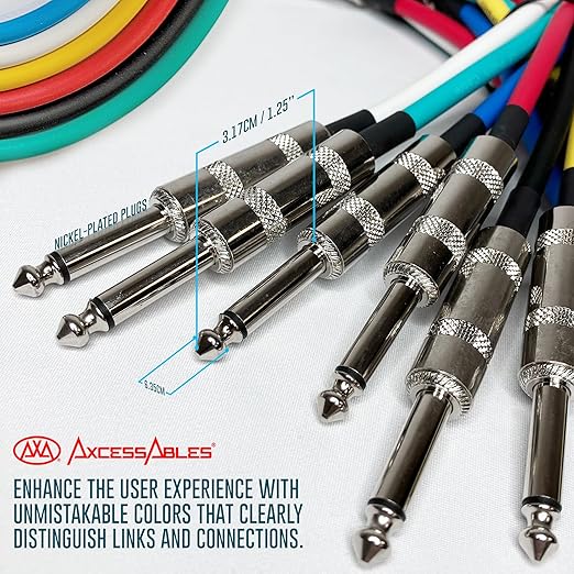 AxcessAbles Audio 1/4-Inch TS Guitar Amp & Bass Patch Cables - Metal Connectors, OFC Copper Wire | TS 1/4" Guitar Mono Cables| Male to Male 6ft Multicolor Instrument Patch Cords (6ft - 6 Pack)