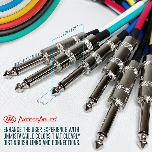 AxcessAbles Audio 1/4-Inch TS Patch Cables, Guitar & Bass Amp Cables - Metal Connectors, OFC Copper Wire | TS 1/4" Guitar Cables| Male to Male 2ft Multicolor Mono TS Instrument Cords (2ft - 6 Pack)