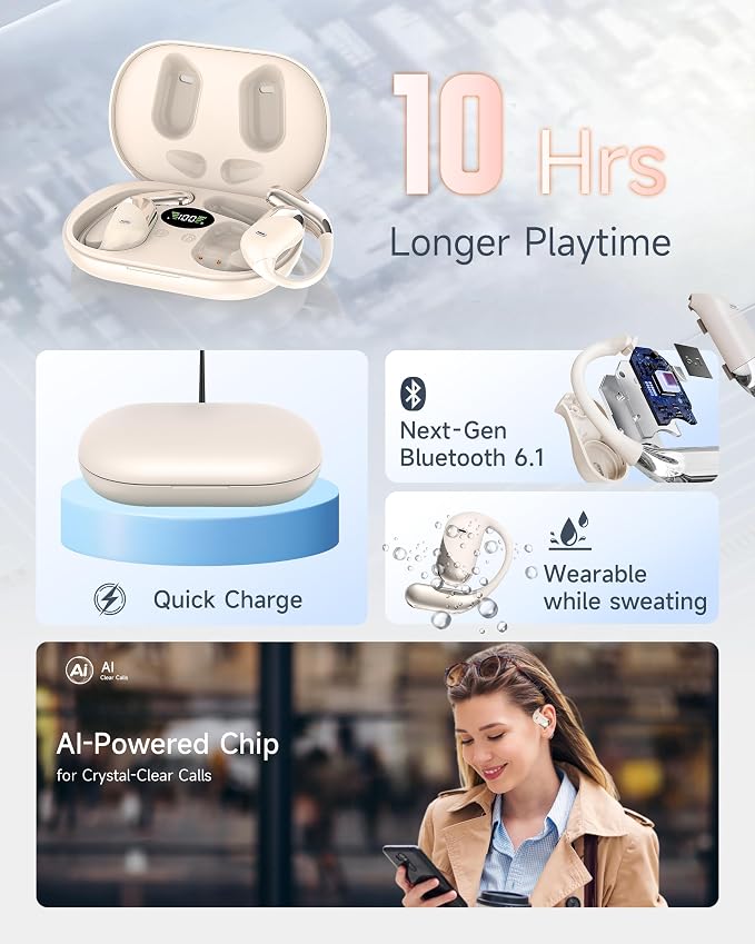 Paekole Ultra Open Ear Headphones, Over Ear Bone Conduction Earbuds with Study Work,Bluetooth Headphones 6.1 with Digital Display,60H Playtime,IP55 Waterproof, Comfort for Cycling,Running,Workout