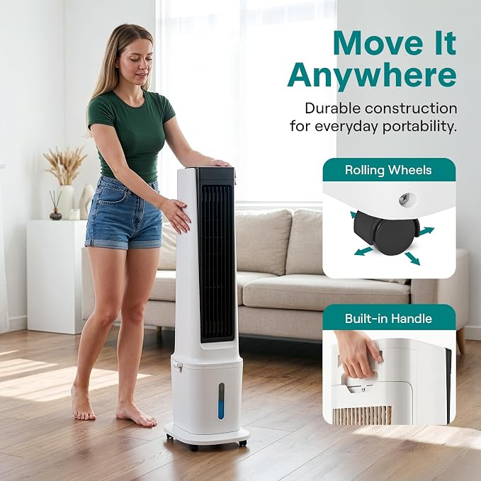 SereneLife Evaporative Air Cooler with 17L Detachable Water Tank, Air Cooler with 1800 CFM Cooling Power, Indoor Outdoor Oscillating System with Wheels, Remote & Ice Packs, (Black & White)