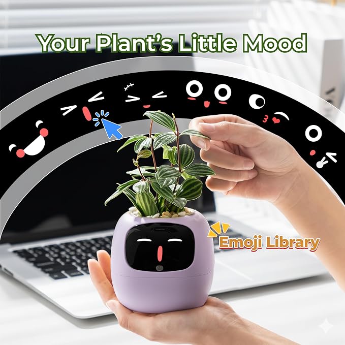 PLANTSIO Ivy AI Smart Planter Intelligent Flower Pot for Home Decoration Plants Companion Neat Desk Setup Gift Pet Planter Robot Guidance on Plant Care with Emojis (Violet)