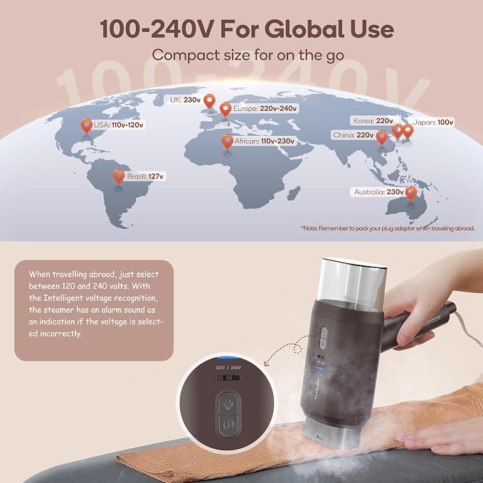 Newbealer Pro Business Travel Steamer, 1200W Dual Voltage, 180ml (Brown) | Foldable & 20s Fast Heat, 360° Anti-Spill Garment Steamer, Solid 1.72 lbs, Auto-Off, for Global Business Trip/Hotel/Office