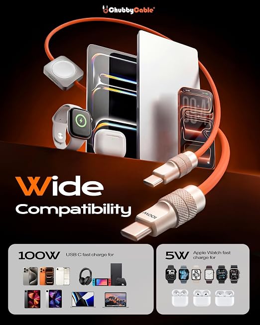 chubbycable Solo-Flex 2-in-1 USB-C Cable with Apple Watch Charger, Built-in 5W Magnetic Charger for Apple Watch, 100W Fast Charging, 4FT Thick Silicone Cable, Orange