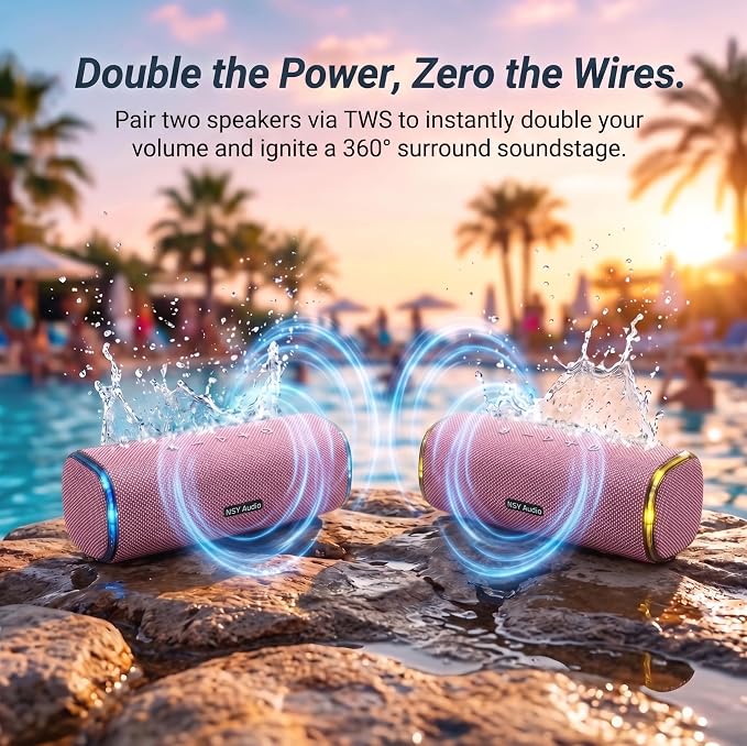 40W Bluetooth Shower Speaker, IPX7 Waterproof Floating Pool Speaker with Interactive Tap-to-Play Drum Beats, RGB Sync Lights, Built-in Mic for Hands-Free Calls, Pink