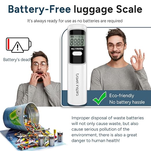 Battery-Free Luggage Scale – No Batteries Needed, Portable Digital Hanging Suitcase Weight Scale for Air Travel & Checked Bags, 110lb/50kg, LCD Display, Compact Travel Accessory