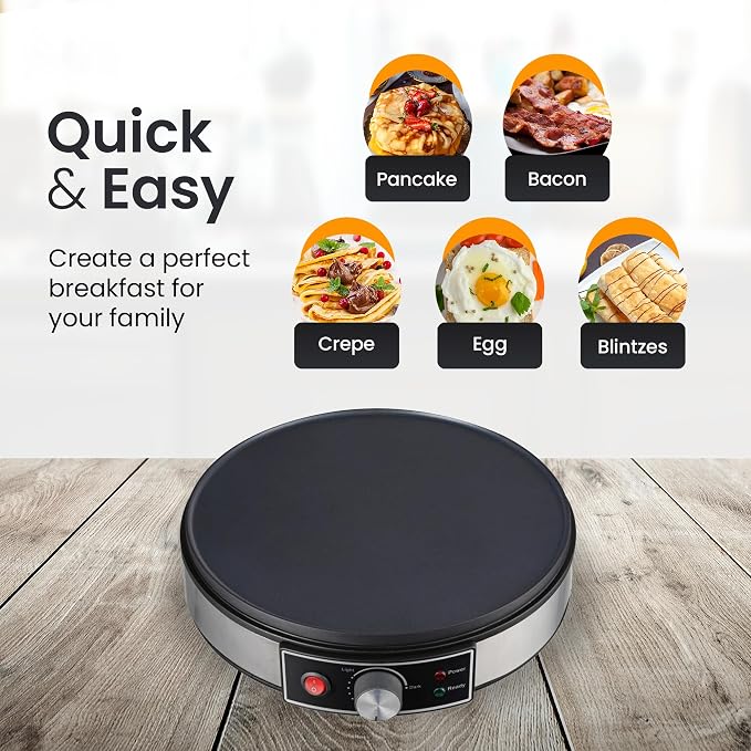 Morning Star 12-Inch Electric Crepe Maker with Nonstick Cooktop | Portable Griddle | Adjustable Temperature Control | Includes Wooden Spatula, Batter Spreader, 2 Recipe Booklets