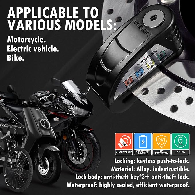 Motorcycle Locks Anti Theft Alarm System 130 db,Disc Lock Wheel Lock Heavy Duty aAnti Theft,Security Uncuttable Lock,Apply to Ebike Moped Mountain Moped Dirtbike,Motorcycle Accessories for Men (Black)