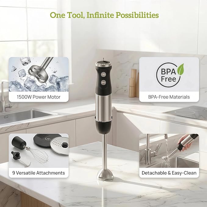 9 in 1 Immersion Blender for Dicer, Slicer, Shredder, Anti-Splash Stick Blender for Smoothies, Baby Food, Meat, Salad, Vegetable Chopper, Potato Masher