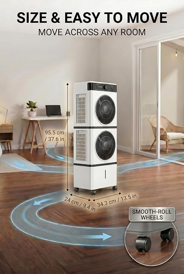 Dual Fans 3-IN-1 Evaporative Swamp Cooler, Portable Tower Fans that Blow Cold Air, 2L Water 2 Modes, 3 Speeds,12H Timer, 4 Ice Packs & 4 Wheels, 45°Oscillation, 35ft/s Velocity Quiet for Room Office