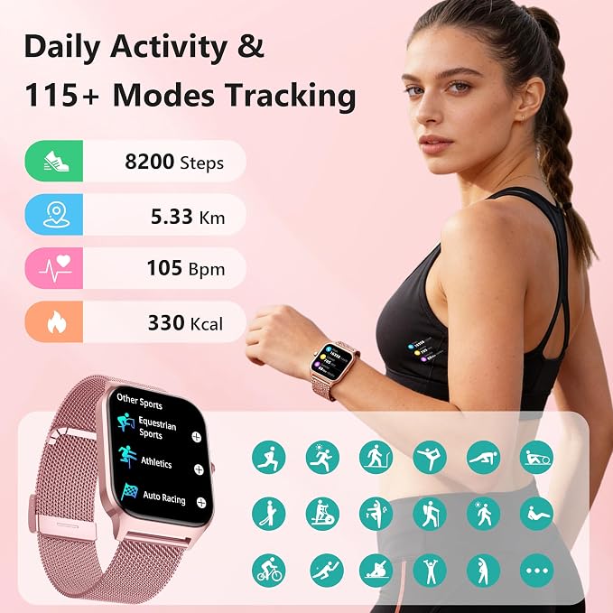 Smart Watch Women Men, 1.85" Lightweight Fitness Tracker Make/Answer Call, HR/Blood Pressure/Sleep Monitor, 110+Sport Modes, Waterproof Reloj inteligente Compatible for Android & Samsung & iPhone