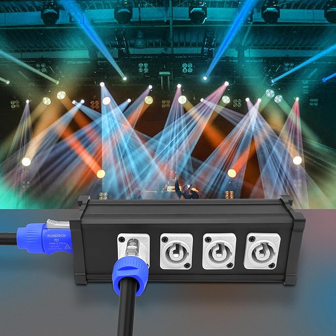 XMSJSIY PowerCon Input to Powercon Output Splitter 1 to 4 Power Distribution Box 4 Channel Multi 1 in 4 Way Out PowerCon Center for LED Screen Beam Moving Head Light, Stage Light Power and More