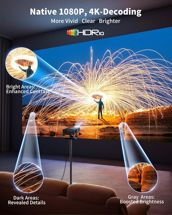 [Official Apps & Live TV & 330° Stand]Smart Mini Projector with WiFi and Bluetooth Ultra-thin, 4K Support Outdoor Movie Projector, Auto Focus, HDR10, Portable 1080P Projector for Bedroom/Home/Celling