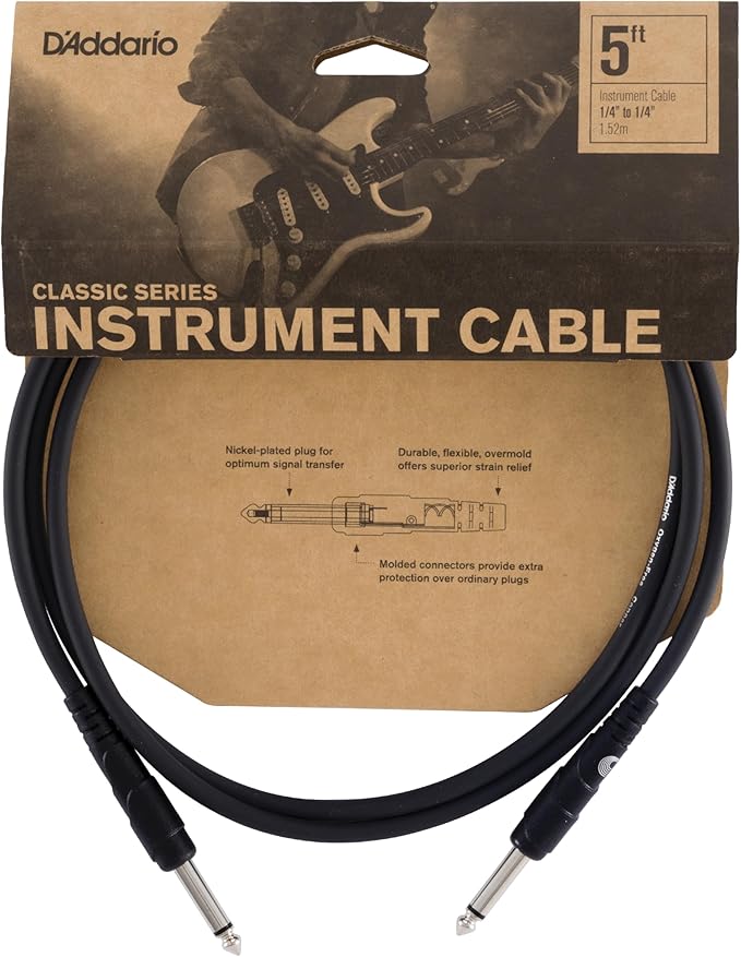 D'Addario Guitar Cable - Guitar Lead - 1/4 Inch Male to 1/4 Inch Male Evans - Classic Series - 5 Feet/1.52 Meters - Straight Ends - 1 Pack