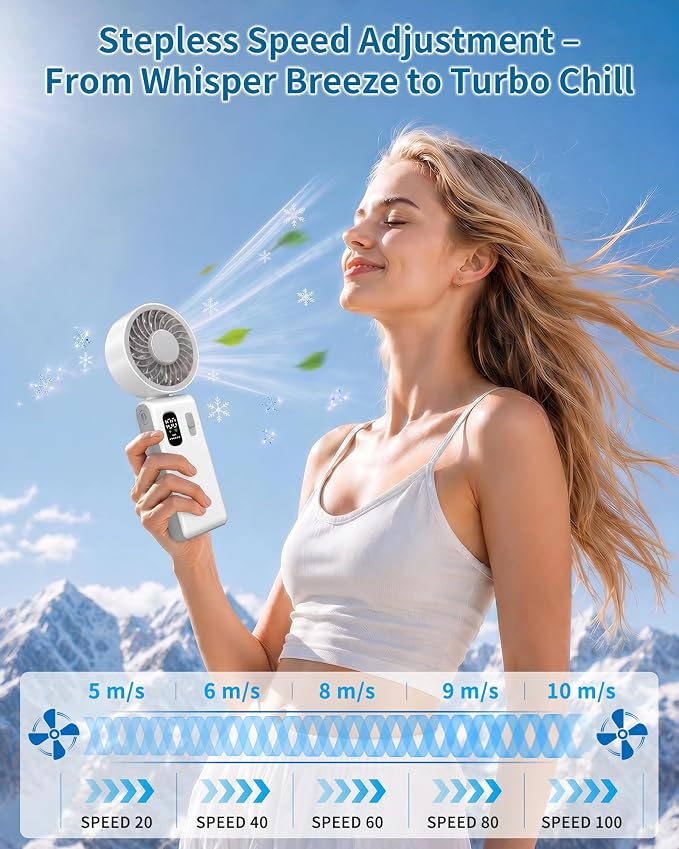 Portable Handheld Fan with Ice Cooling, 100 Speed Rechargeable Mini Desk Fan, Up to 12Hrs Cooling, Powerful Folding Personal Fan for Travel, Camping, Office (White)